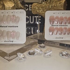 Dazzling Pink Press-On Nails with Ribbon Accent - Cat Eye Style